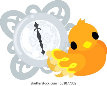 The cute little bird of mysterious design and a clock