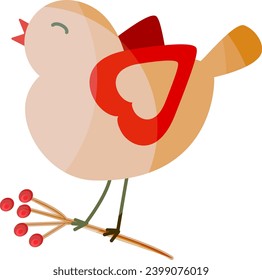 Cute little bird on a branch with red berries in naive style. Isolated vector illustration.