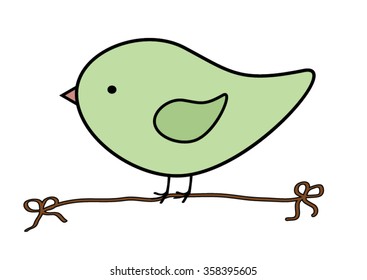 A cute little bird on a rope on a white background. Vector illustration