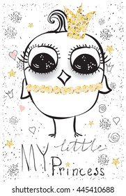 Cute little bird princess. Vector trendy hipster style for greeting card design, t-shirt print, inspiration poster