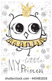 Cute little bird princess. Vector trendy hipster style for greeting card design, t-shirt print, inspiration poster