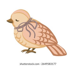 Cute little bird with purple ribbon in beige tones. Hand drawn cartoon vector illustration with sweet character and soft feathers. Perfect for card design or kids decor web graphic and baby projects.