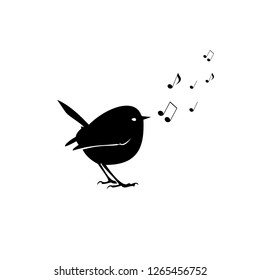  cute little bird sings with its beak and fly notes, bird  in minimalistic style, animal vector logo, sign