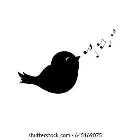  cute little bird sings with its beak and fly notes, Vector illustration, bird  in minimalistic style, vector, logo, sign