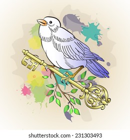 Cute little bird sits on a key with a sprig and protects it on a colorful background of spots and splashes