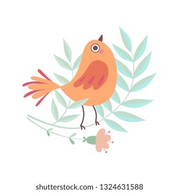Cute Little Bird Sitting on Tree Branch, Adorable Symbol of Spring Vector Illustration