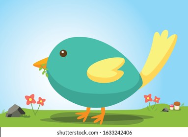 Cute little bird. Sitting on ground collection leave to build its nest.