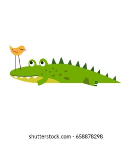 Cute little bird sitting on a crocodile nose vector Illustration