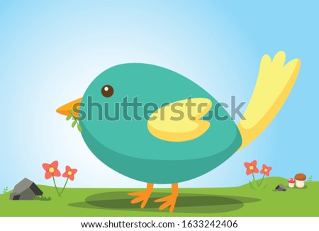 Cute little bird. Sitting on ground collection leave to build its nest.