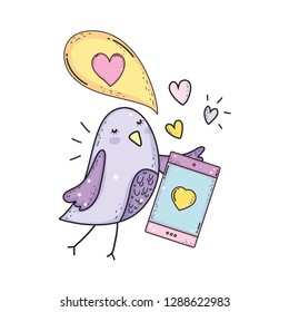 cute little bird with smartphone lovely character