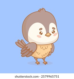 Cute little bird tit. Funny cartoon kawaii character chickadee with yellow breast and gray color feathers. Vector illustration. Kids collection