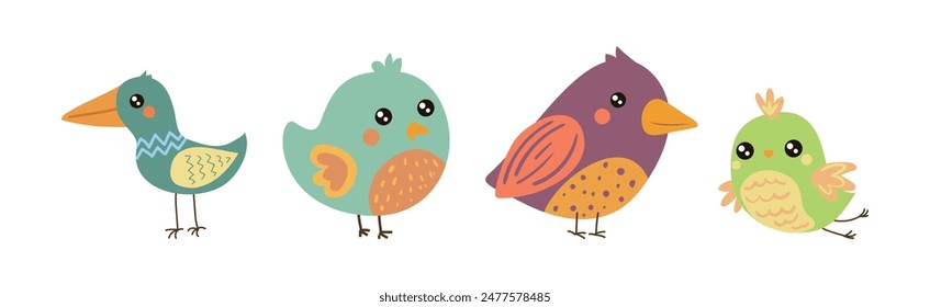 Cute Little Birdie with Colorful Feather Vector Set