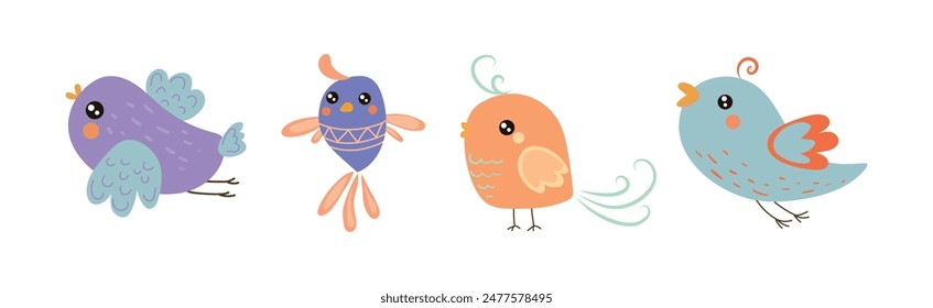 Cute Little Birdie with Colorful Feather Vector Set
