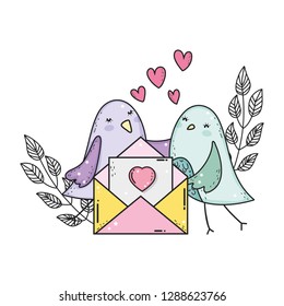 cute little birds couple with envelope lovely characters