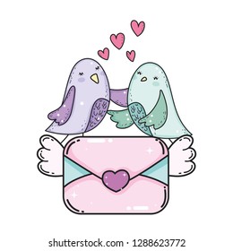 cute little birds couple with envelope lovely characters