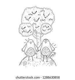 cute little birds couple in the field lovely characters