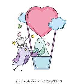 cute little birds couple flying in balloon air hot