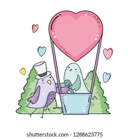 cute little birds couple flying in balloon air hot