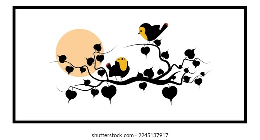 Cute little birds couple Silhouette on Branch Vector, Birds in love Silhouette isolated on white background, Wall Decal, Art Decoration, Wall Decor. romantic view.