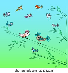 Cute little birds family on a tree branch spring nature background. mom and dad birds and small children flying around forming a heart shape
