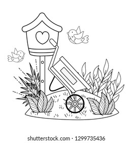cute and little birds flying around birdhouse