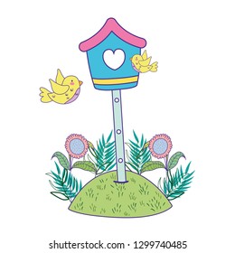 cute and little birds flying around birdhouse