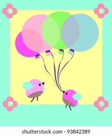 cute little birds with four balloon and flower friendship forever