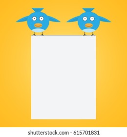 Cute Little Birds Holding Banner, Vector. .Two Blue Birds Holding A Leaf For Text
