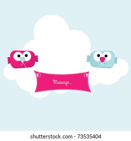 Cute Little Birds Holding Banner, Vector.