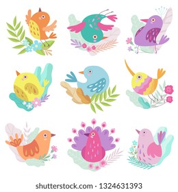 Cute Little Birds Set, Symbols of Spring Colorful Vector Illustration