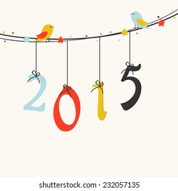 Pequeños pájaros cortos sentados en una cuerda con colorido texto colgante 2015 para las celebraciones de Feliz Año Nuevo.