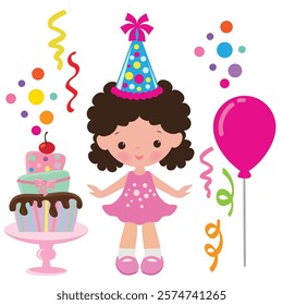 Cute little birthday  girl vector cartoon illustration