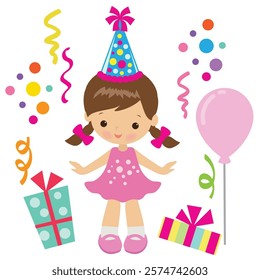 Cute little birthday  girl vector cartoon illustration