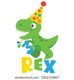 Cute little birthday three Rex  tyrannosaur vector cartoon illustration