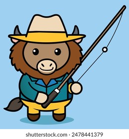 A CUTE LITTLE BISON FISHING WITH ROD N REEL 