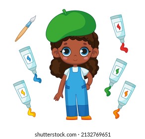 A cute little black artist in a green beret and denim overalls, surrounded by tubes of paint and a brush. Vector illustration of a character in a cartoon childish style. Isolated clipart art print.