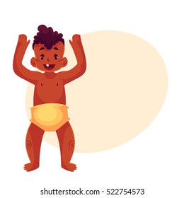 Cute little black baby boy dancing happily, cartoon vector illustrations isolated on yellow background. Little african boy, kid, child, baby, infant dancing from happiness with raised hands