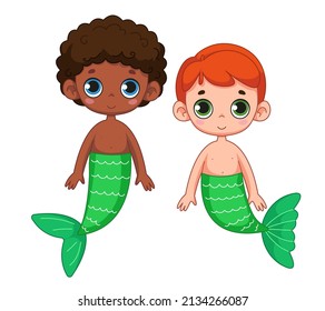 A cute little black boy with a green mermaid tail and a redhead boy. Vector illustration of magic character in cartoon childish style. Isolated funny clipart. Cute mermaid boy print.