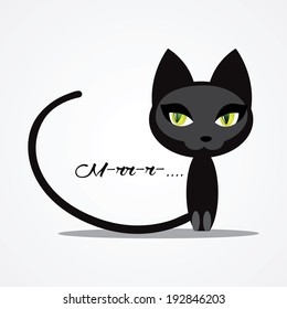 cute little black cat cartoon personage, greeting card template