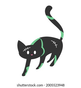 Cute little black cat dressed in a zombie costume. Zombie Cat isolated on white. Design for Halloween.