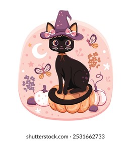 Cute little black cat with a purple witch hat with pink coquette bows sitting on a plump orange pumpkin. A pastel vector Halloween design.