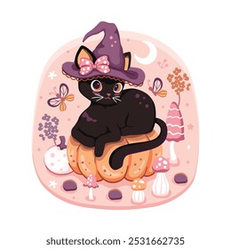 Cute little black cat with a purple witch hat with a pink coquette bow sitting on a plump orange pumpkin. A pastel vector Halloween design.