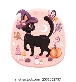 Cute little black cat with a purple witch hat with a pink coquette bow looking at a butterfly on her tail. A pastel vector Halloween design.