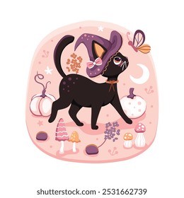 Cute little black cat with a purple witch hat with a pink coquette bow looking at a butterfly. A pastel vector Halloween design.