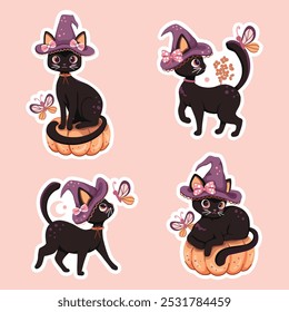 Cute little black cat sticker set with purple witch hats and pink coquette bows sitting on pumpkins and looking at butterflies. A pastel vector Halloween design pack.