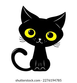 Cute little black cat. Vector illustration, isolated on a white background. Scandinavian cartoon style flat design. Concept for children print.