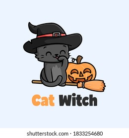 CUTE LITTLE BLACK CAT WEARING WITCH HAT CARTOON ILLUSTRATION