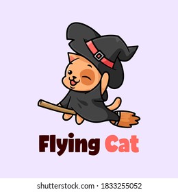 
CUTE LITTLE BLACK CAT WEARING WITCH HAT AND FLYING WITH BROOM CARTOON ILLUSTRATION