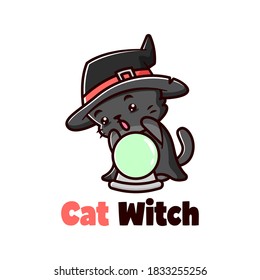 CUTE LITTLE BLACK CAT WEARING WITCH HAT AND PLAYING WITH CHRISTAL BALL
