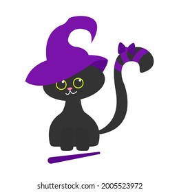 Cute little black cat in a witch's hat. The witch cat isolated on white. Design for Halloween. Can be used for stiker, banner, card, poster and any design.
